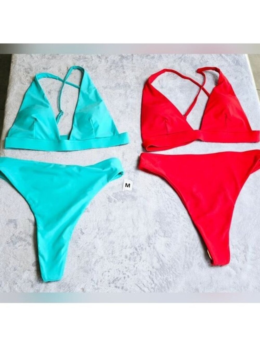 133.🆕Med Bundle Aqua and Red Thong Bikini Set Criss Cross Adjustable Straps